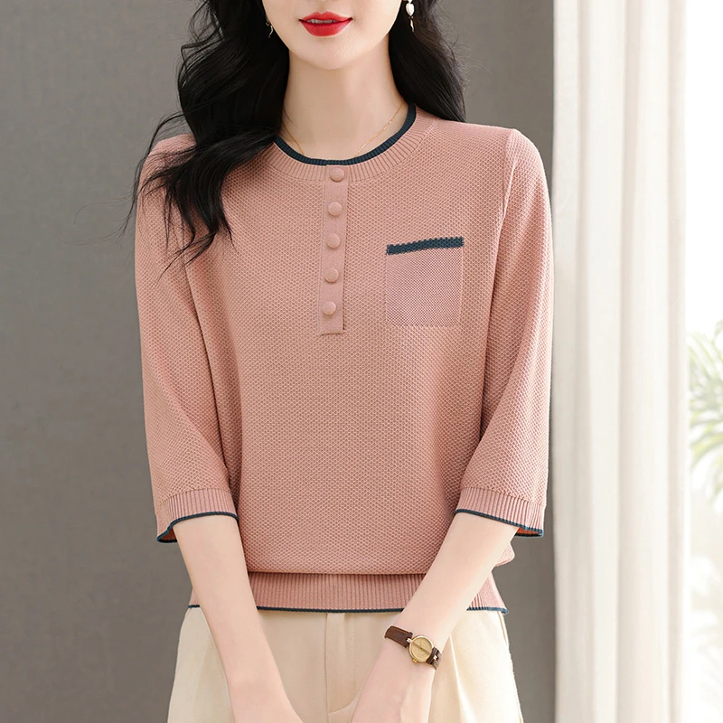 桑蚕丝中袖t恤女七分袖上衣妈妈春装2025年新款高端针织打底衫薄