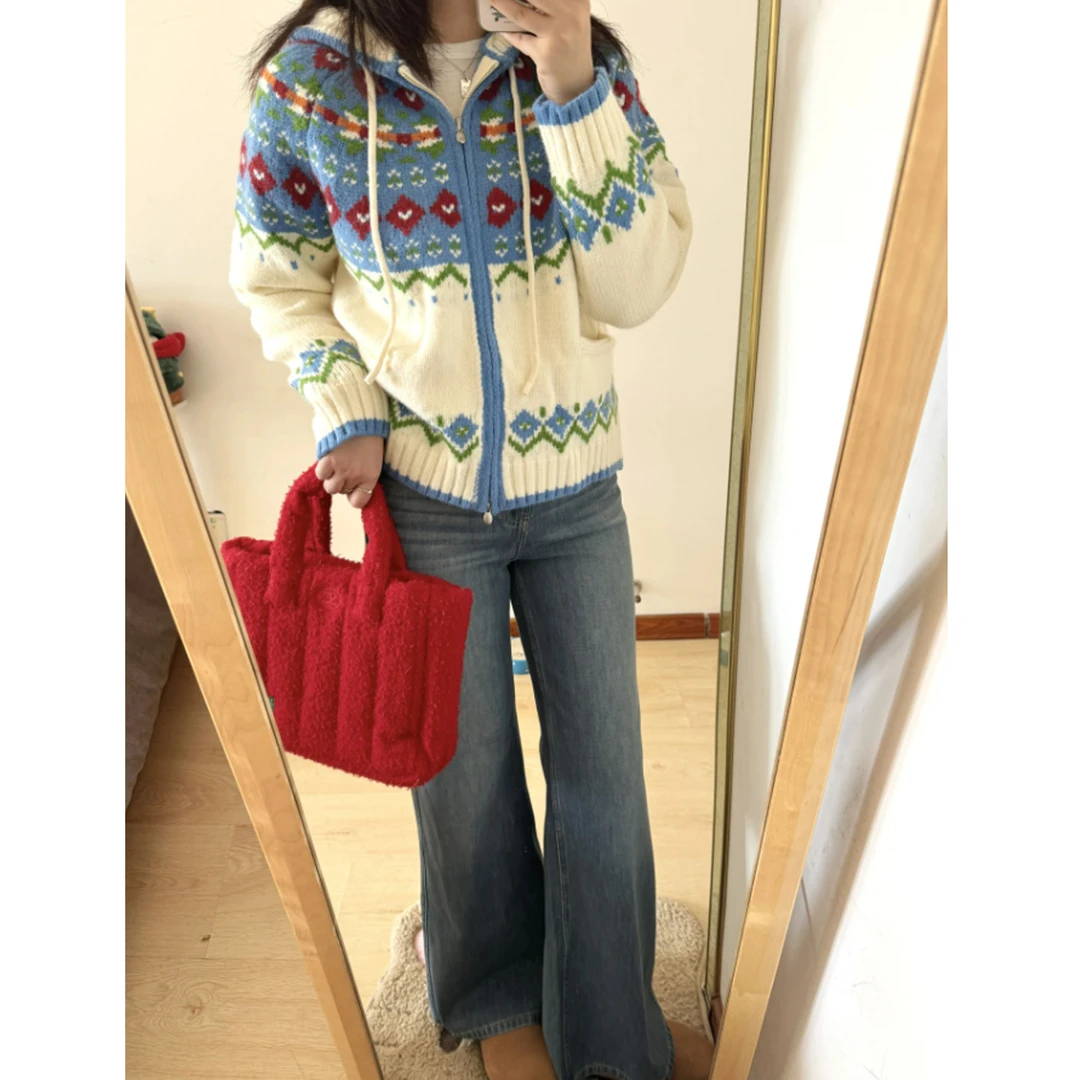 复古费尔岛提花拉链连帽毛衣外套女款2025新款秋冬季加厚针织开衫