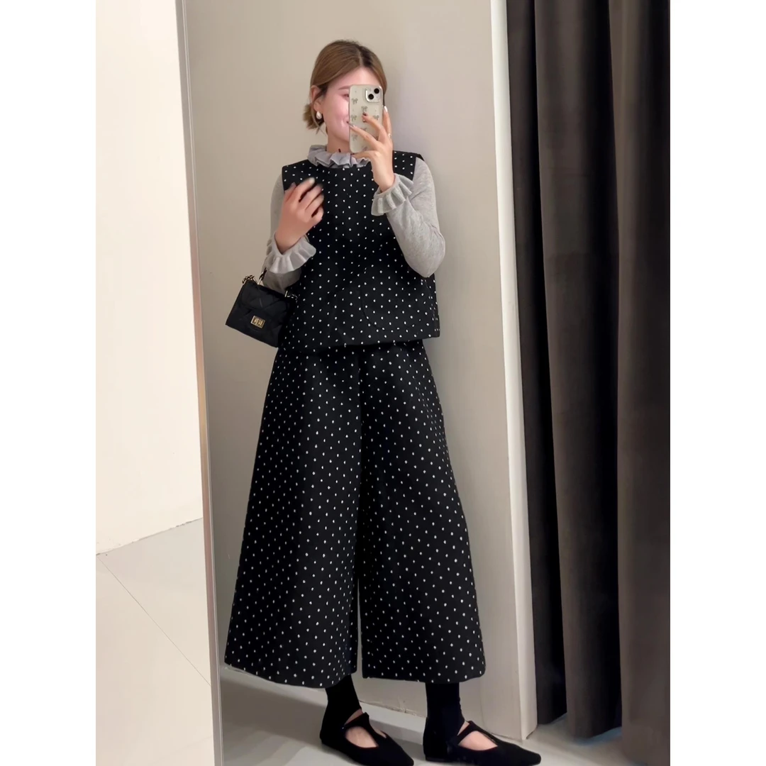【万达撤柜】黑色覆古波点套装女秋冬2025新款韩版设计感马甲阔腿九