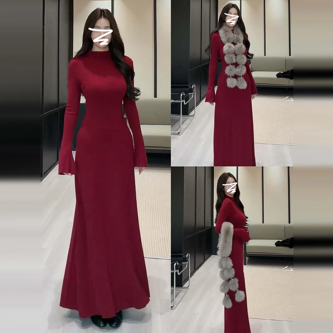 红色针织连衣裙子女2025新款秋冬季穿搭大衣内搭打底高级圣诞长裙