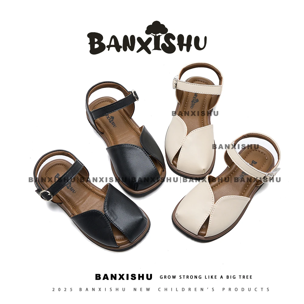 BANXISHU/2025新款夏季中大童韩版复古休闲软底沙滩平底童鞋凉鞋