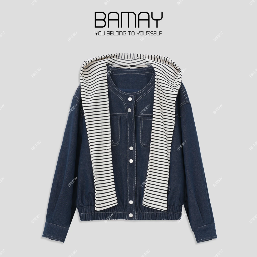 【BAMAY】圆领明线条纹披肩双色高级气质显瘦外套BM251WT002CP