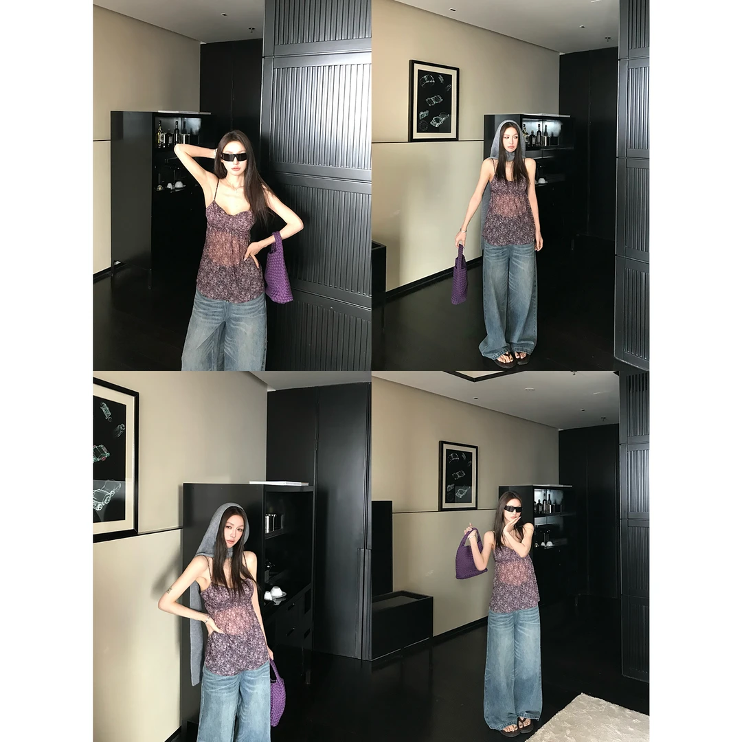 SKKSkk Store 秘境花园 法式雪纺紫色小碎花叠穿吊带女复古上衣