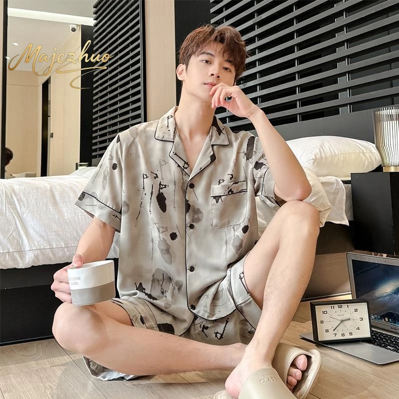 桑蚕丝男士睡衣薄款冰丝夏季休闲短袖短裤可外穿真丝绸家居服套装