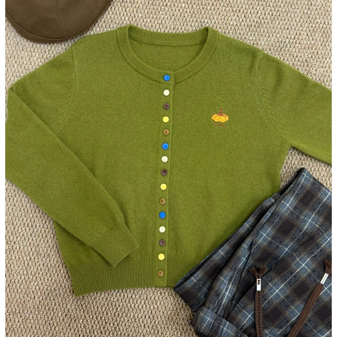 小南瓜刺绣女士秋冬可爱短款针织开衫针织绿色韩版毛衣98237