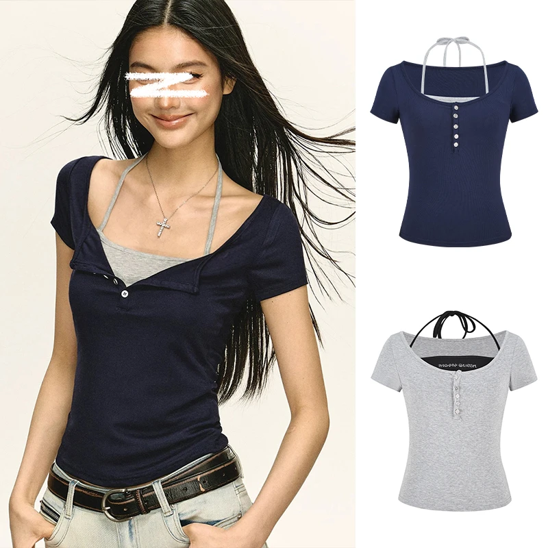 Moses Queen/魔西女王美式复古假两件拼接上衣辣妹挂脖短袖T恤