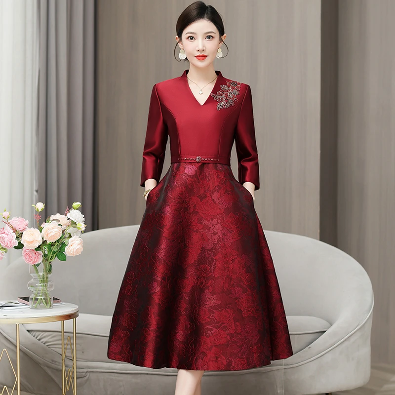 喜婆婆参加婚宴钉珠提花连衣裙新款高端优雅气质收腰宴会敬酒喜服