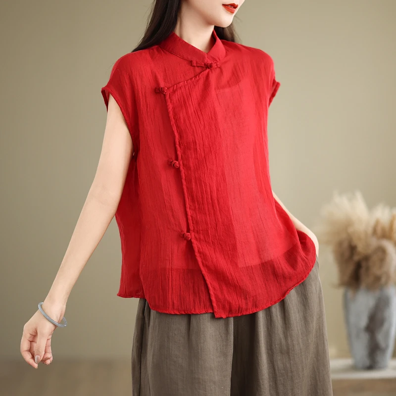 大码女装新中式国风无袖衬衫文艺复古设计感盘扣小衫夏