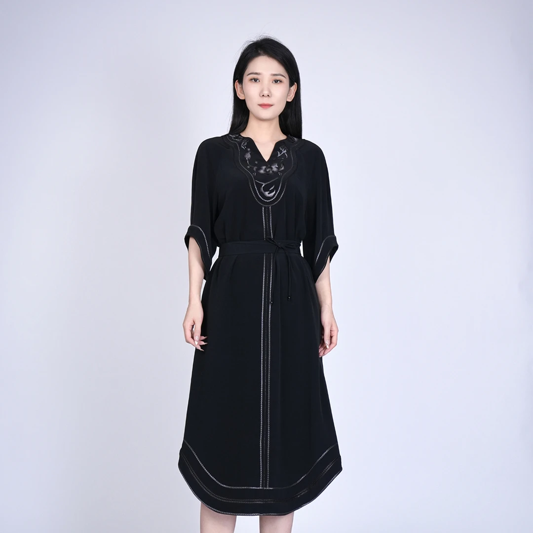 欧若风精致刺绣女V领通勤百搭舒适显瘦气质系音连衣裙HASS010072
