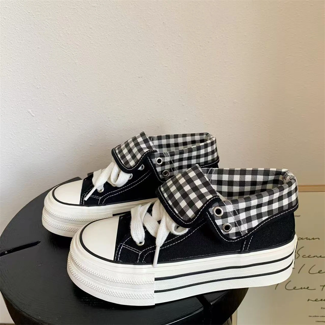 爆款2025秋季帆布鞋两穿格纹高帮复古厚底百搭校园ins小众休闲鞋