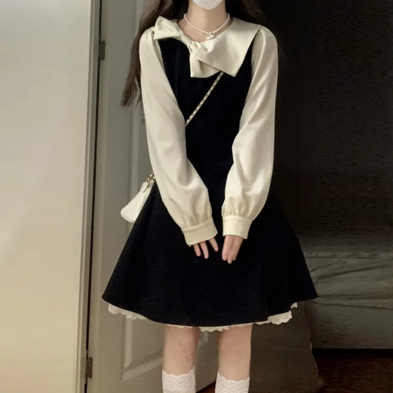 法式假两件黑色背带连衣裙子女2025新款初秋季收腰a字短裙1060