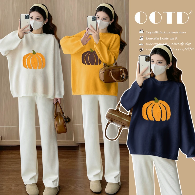 孕妇装秋冬新款时尚圆领长袖可爱南瓜撞色卡通刺绣宽松显瘦毛衣