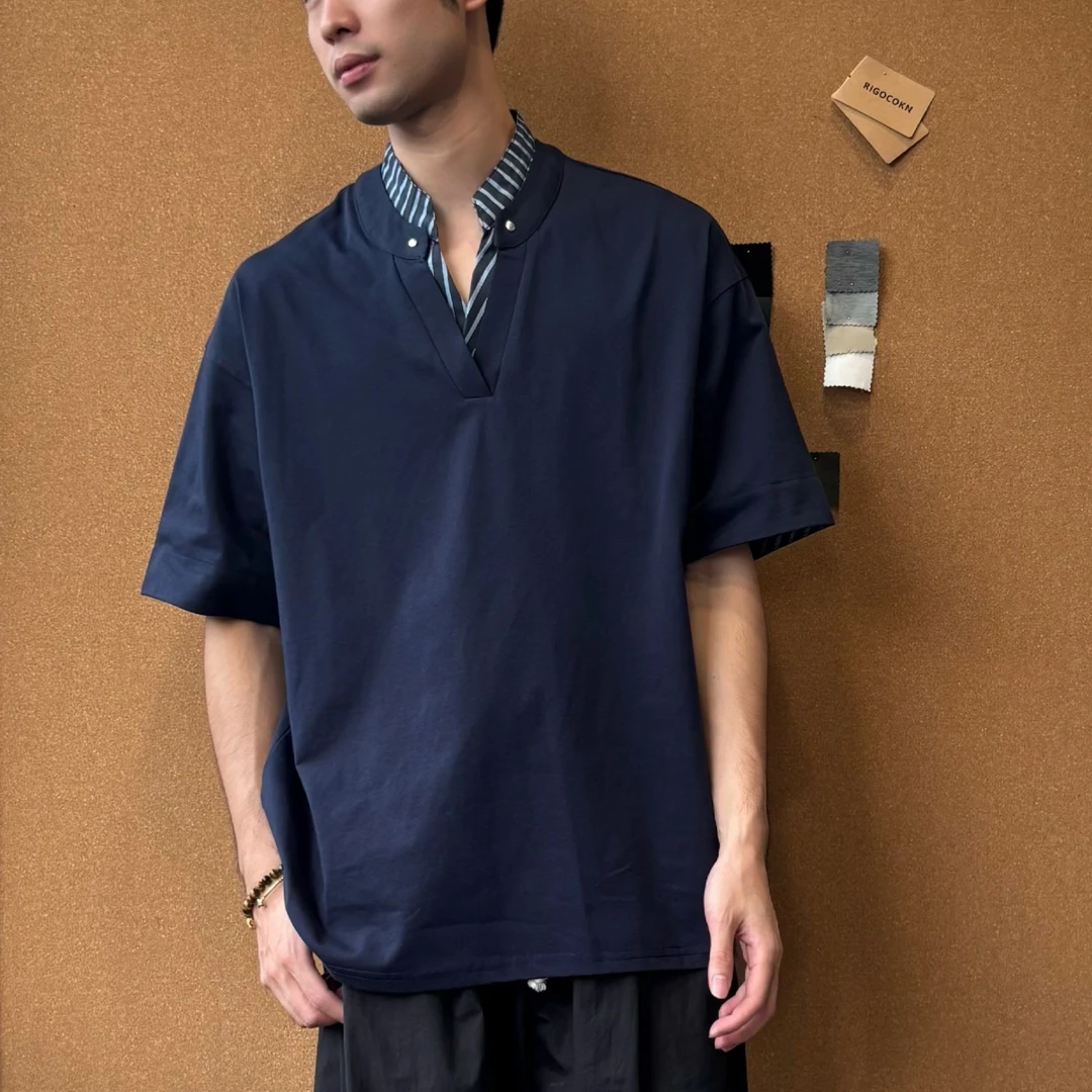 RIGOCOKN【老钱系列】假两件撞色条纹拼接宽松休闲V领短袖T恤