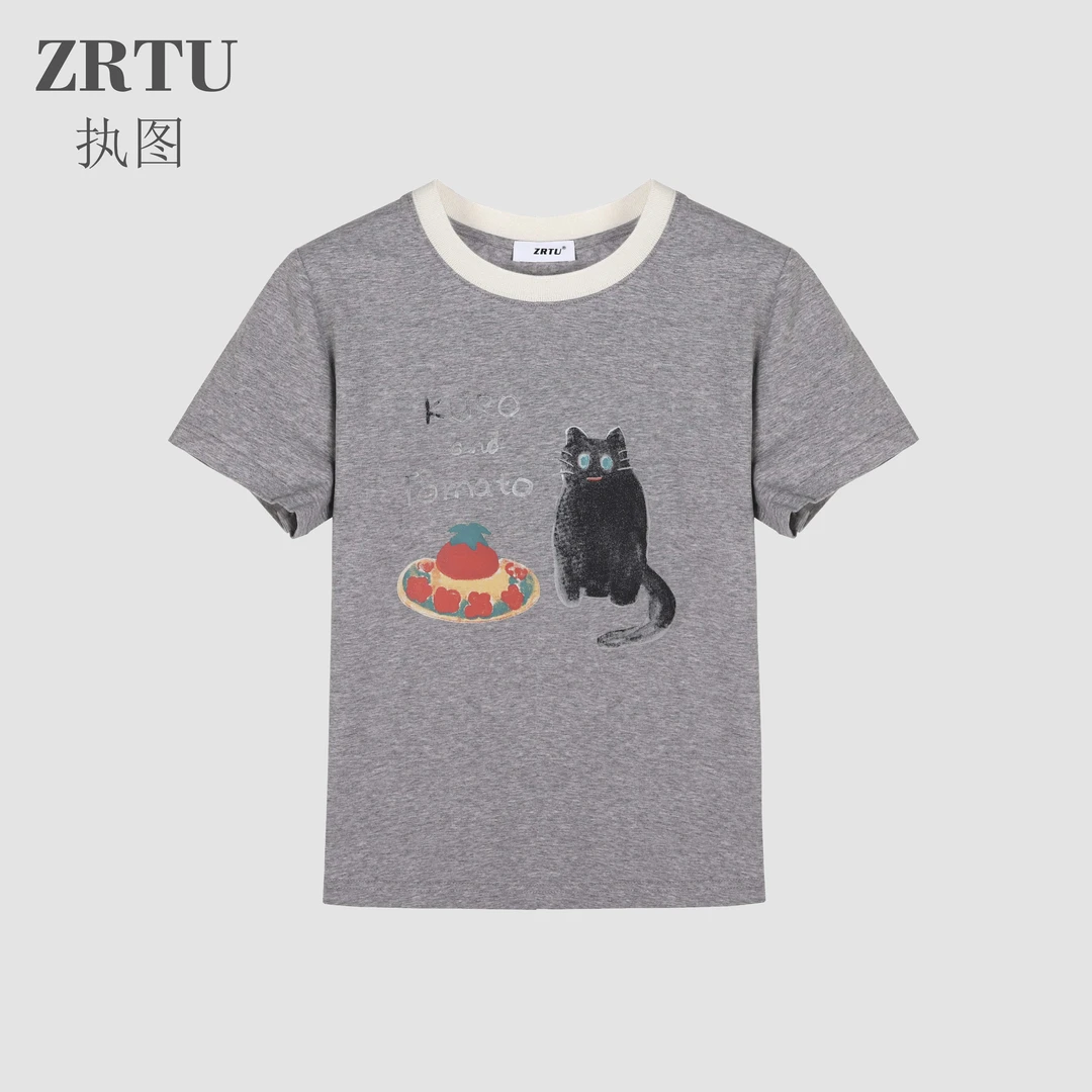 【椒盐专属】ZRTU/执图女夏季圆领休闲百搭撞色印花短袖T恤5110
