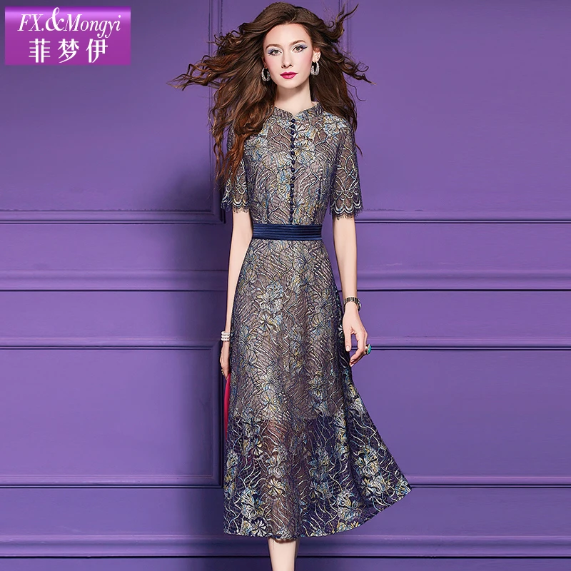 菲梦伊夏季新款复古旗袍领镂空刺绣a字裙显瘦优雅时尚连衣裙64482