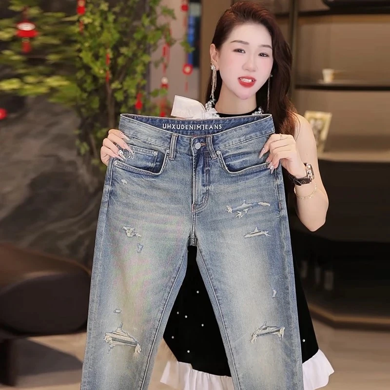 秋冬新款痞帅休闲破洞牛仔裤男复古修身时尚弹力小直筒百搭九分裤