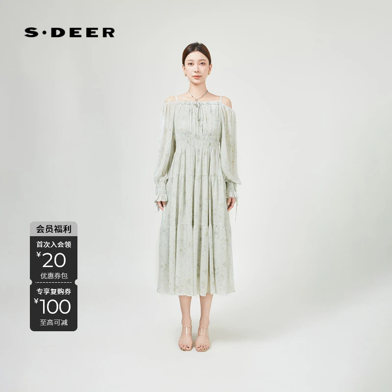 S·DEER圣迪奥女装法式轻奢设计师款褶皱时尚碎花连衣裙S243Z1201