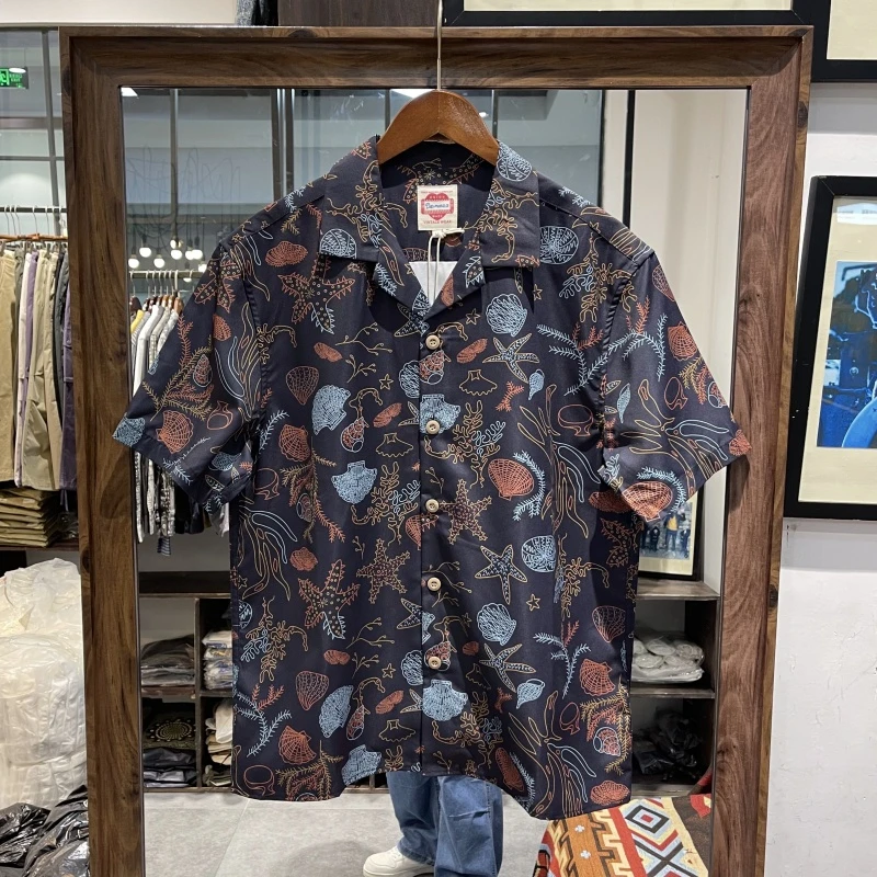 夏季宽松休闲古巴领衬衫男美式复古夏威夷海边沙滩印花短袖衬衣男