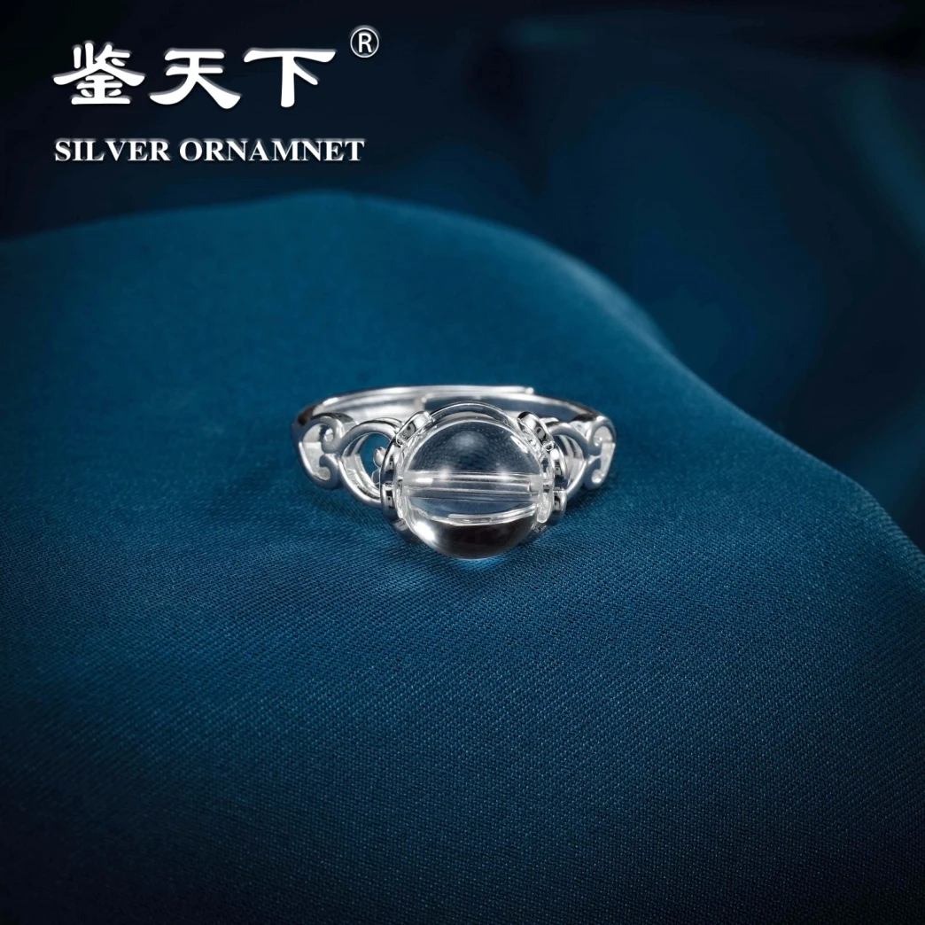 纯银S925镂空爱心可转动9mm白水晶开口戒指08200376