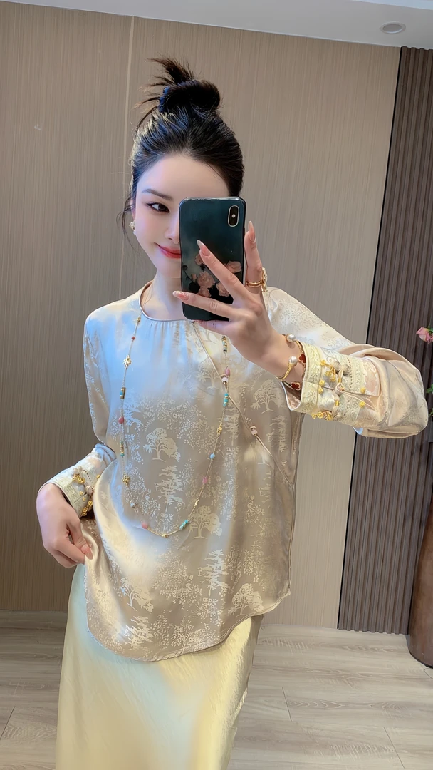 【黄松】新中式国风提花刺绣衬衫上衣女