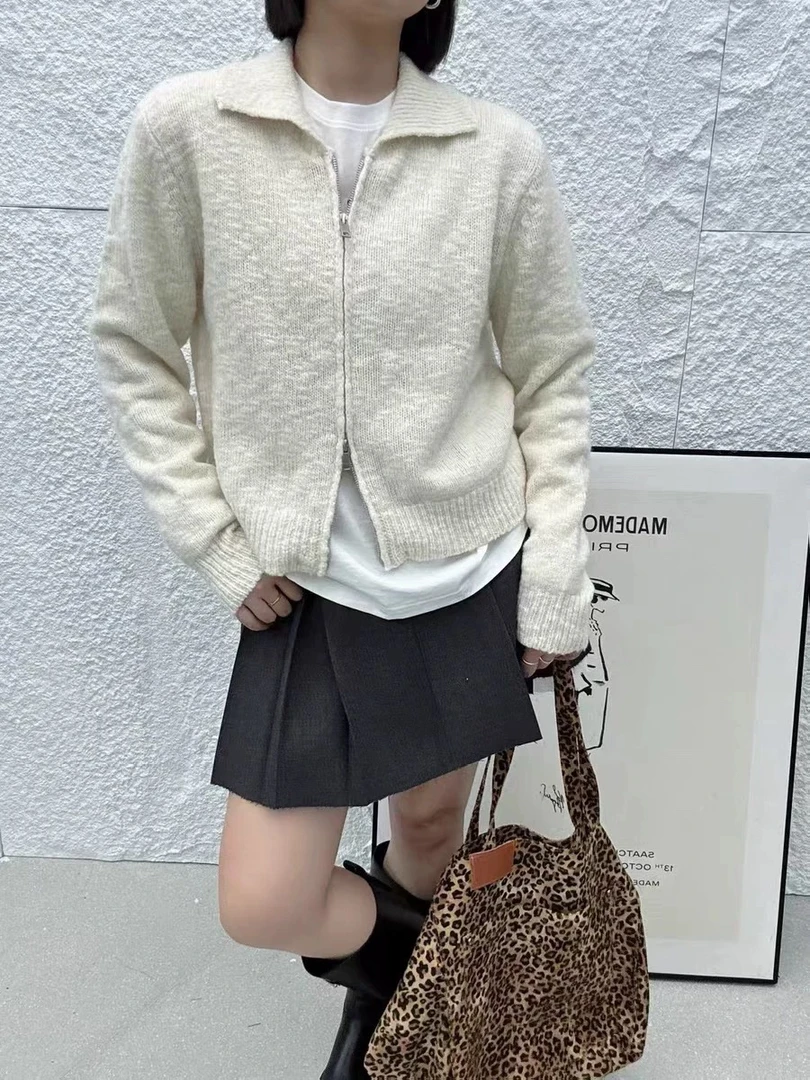 9226冬季欧货女装韩翻领长袖上下拉链针织开衫女