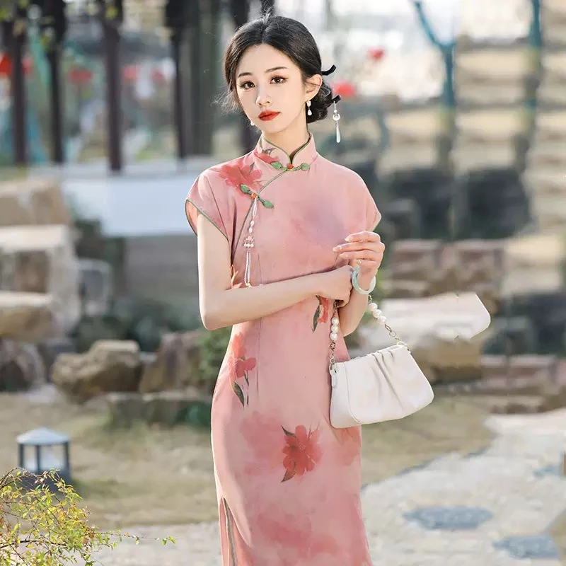 [花想容]年轻款淑女瑞士网纱长款旗袍2025年夏季新款日常可穿