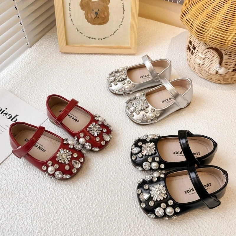 女童韩版时尚银色浅口单鞋2025春秋新款软底水钻珍珠公主鞋小皮鞋