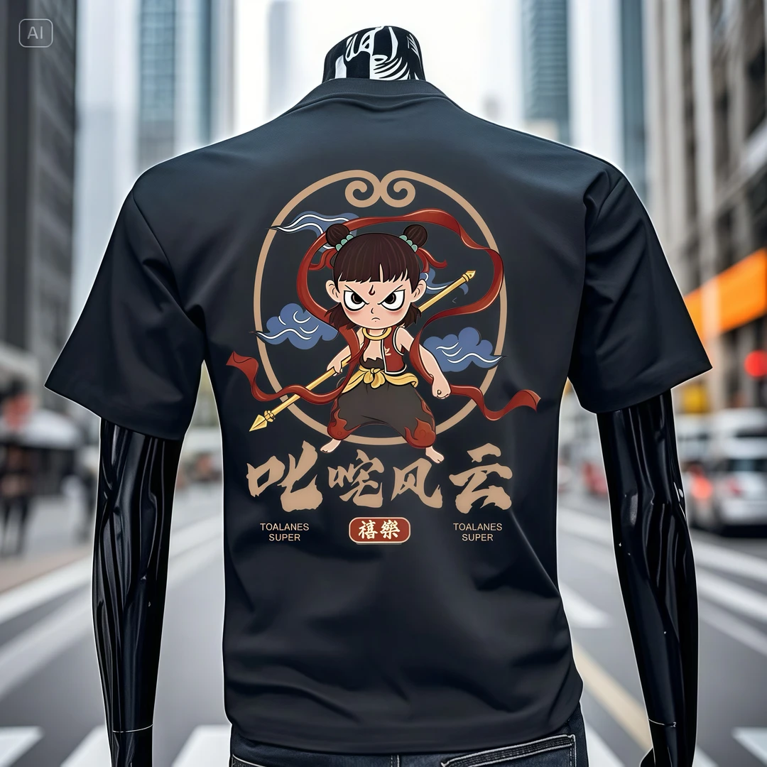 哪吒同款潮牌男士纯棉短袖t恤男圆领上衣卡通ins印花简约国潮风格