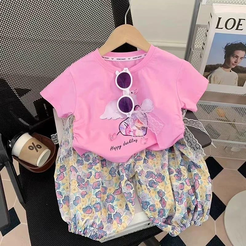 女童夏季套装T恤新款洋气小女孩蕾丝印花T恤防蚊裤两件套童装套装