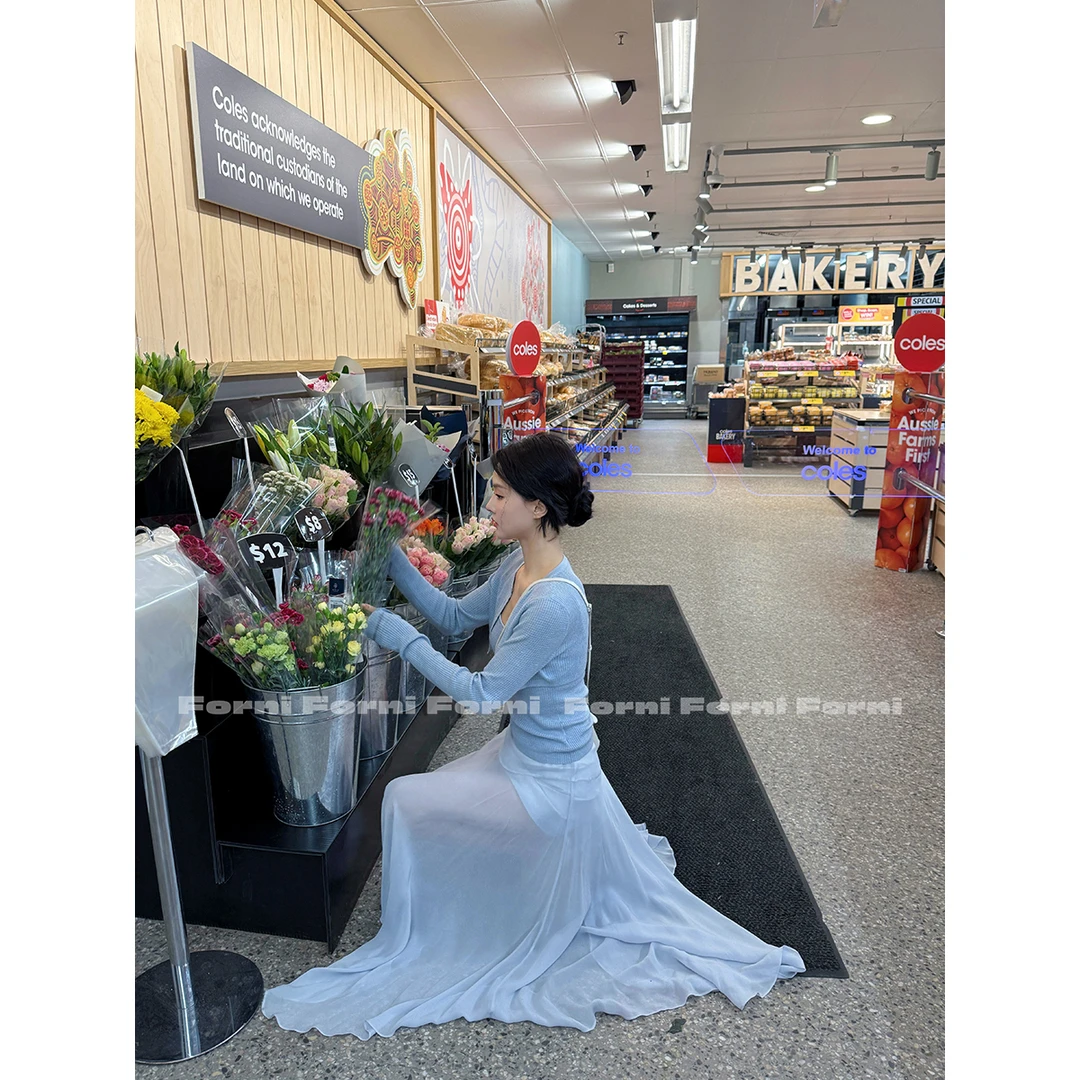 FORNI 雨中睡莲 2025早秋双层拼接垂感网纱大摆仙女半身裙