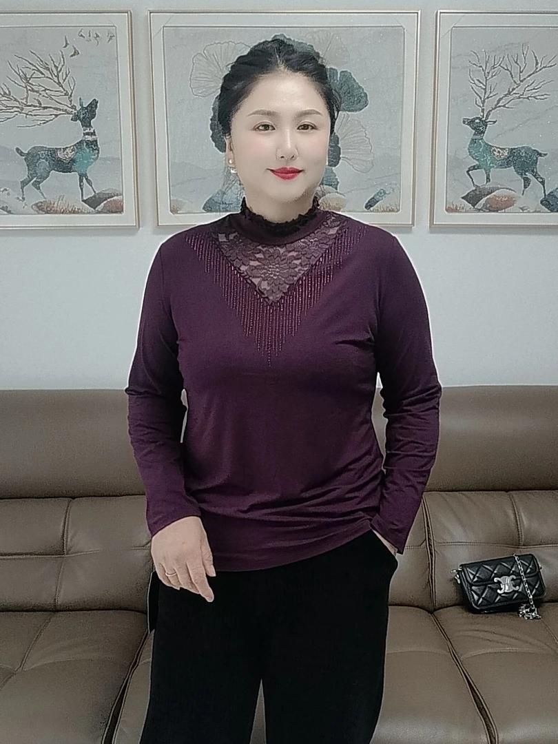 长袖春秋款打底衫百搭修身T恤镂空提花蕾丝半高领烫钻洋气女上衣