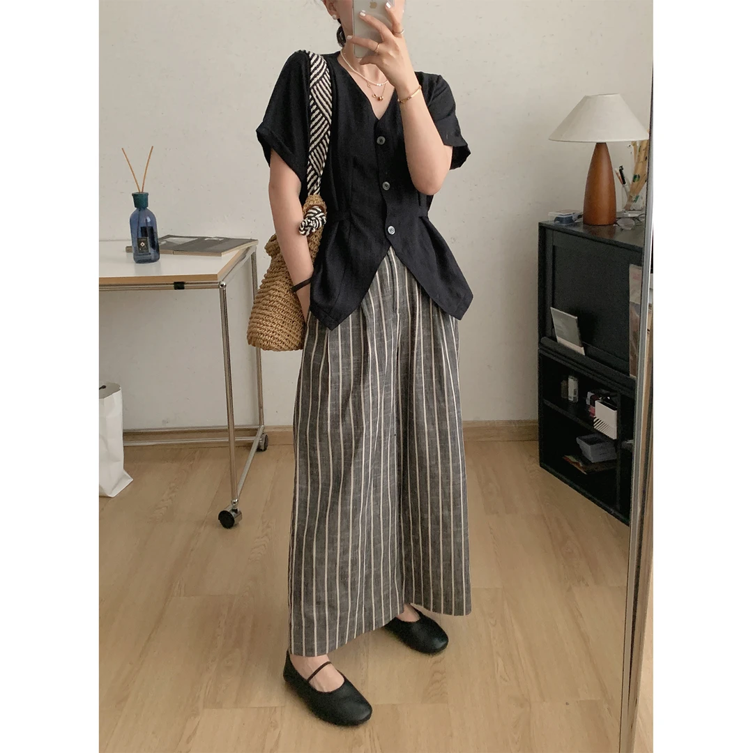 苏安家｜墨雨云间！条纹控的夏天 亚麻混纺棉麻九分阔腿裤