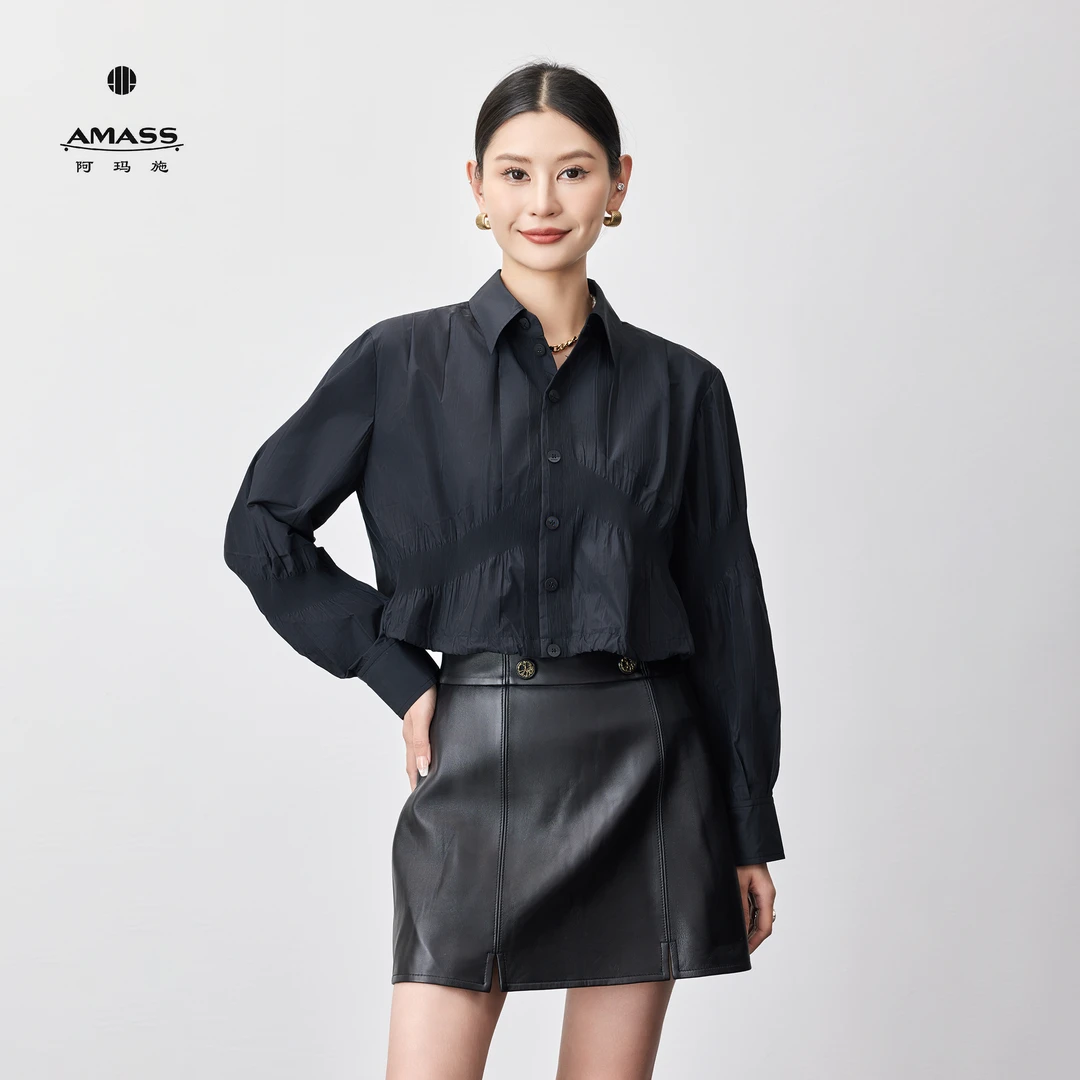 AMASS/阿玛施时尚显瘦短款抽绳拼接设计感衬衫5300236-1136411-00