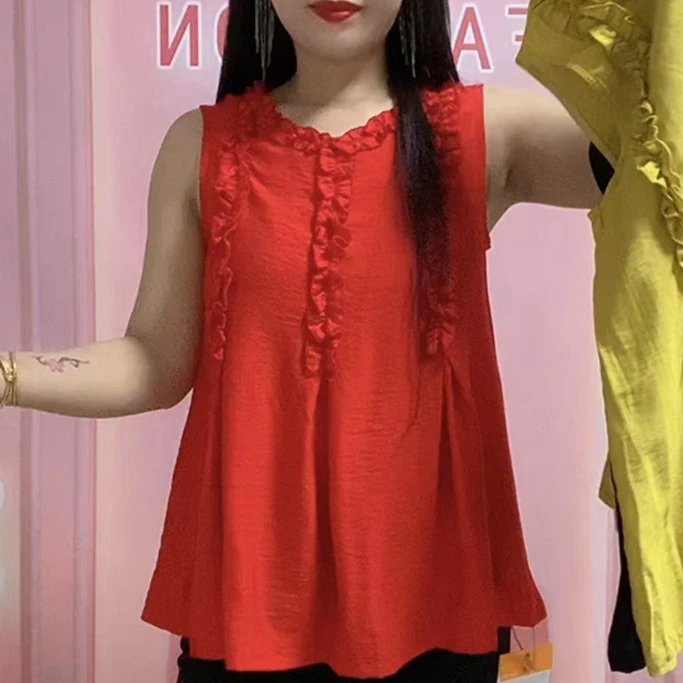 无袖常规宽松型圆领褶皱夏季衬衫休闲女装小衫