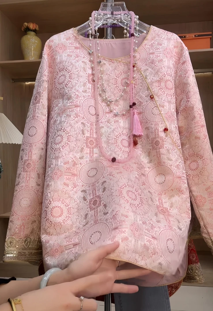 【锦年】新款春季上衣小衫女装新中式国风圆领提花长袖衬衫女款