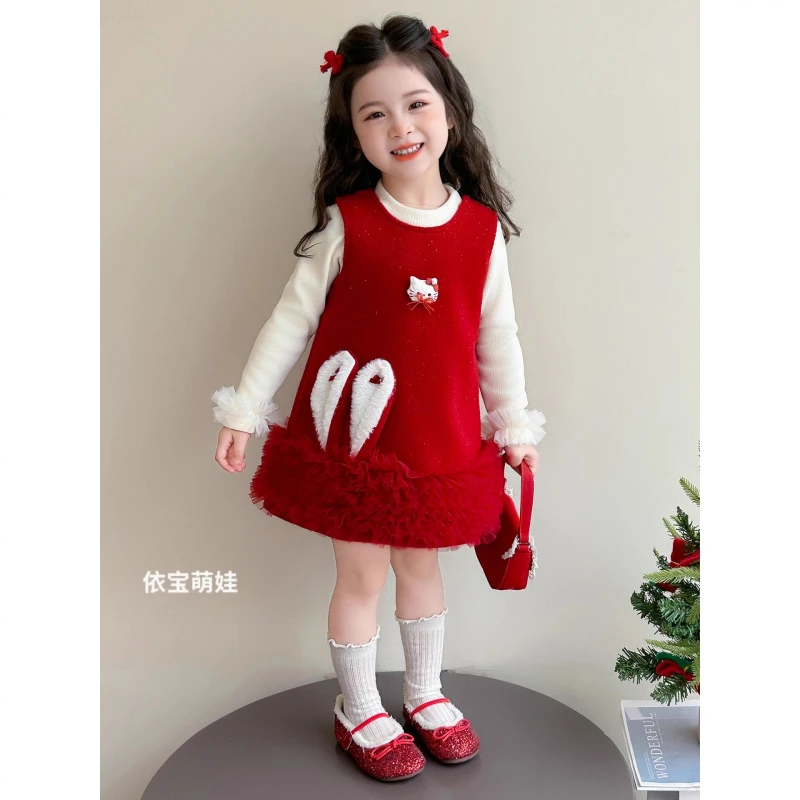 女童加绒年服裙套装冬季2025新款洋气女宝宝超好看冬装周岁礼服裙