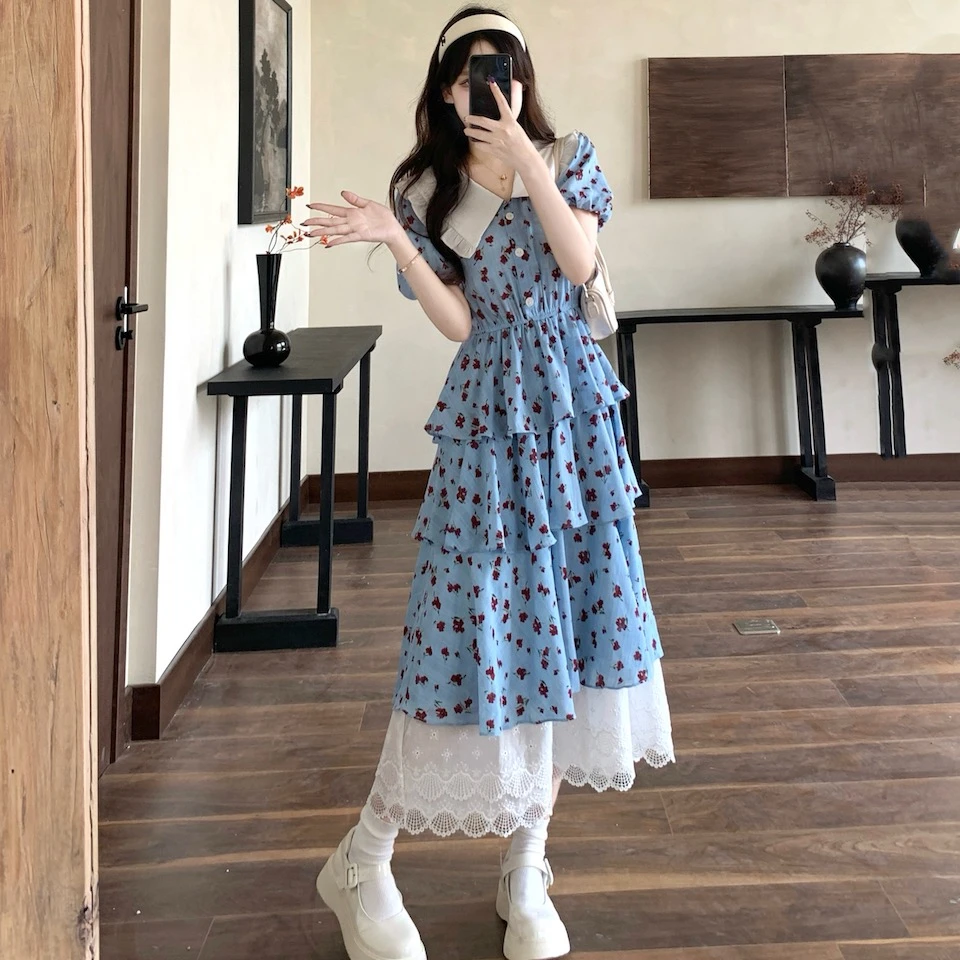 宽松法式小众碎花雪纺连衣裙女夏季蕾丝拼接假两件蛋糕仙女长裙