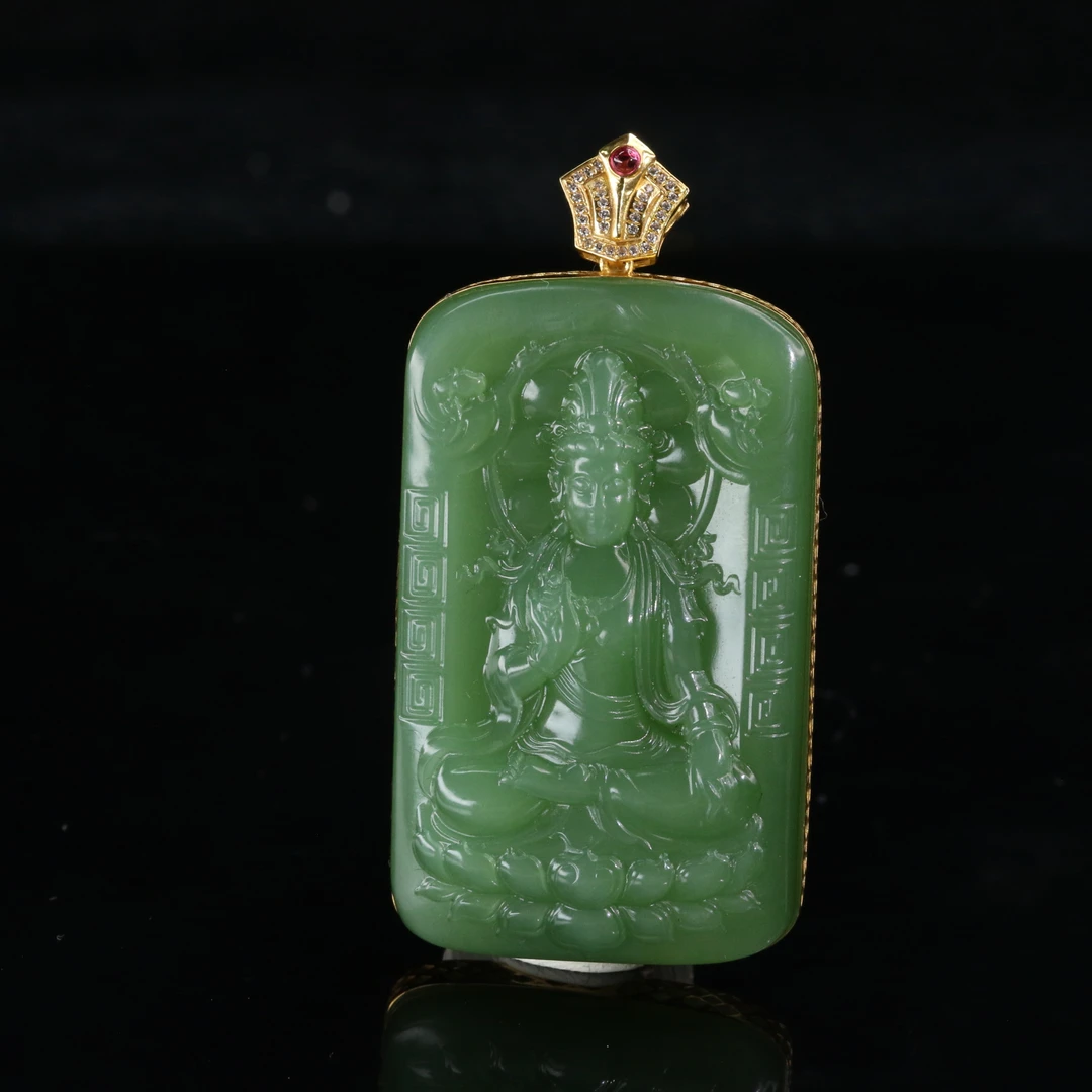 39和田玉18k金碧玉粉青猫眼观音/101488上海嘉禾拍卖