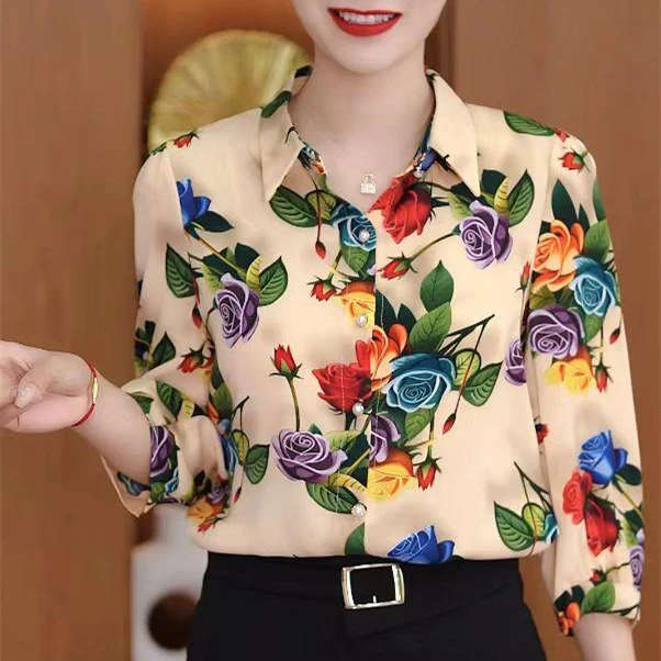 2025春夏季新款衬衫气质显瘦休闲通勤翻领七分袖妈妈装小衫上衣