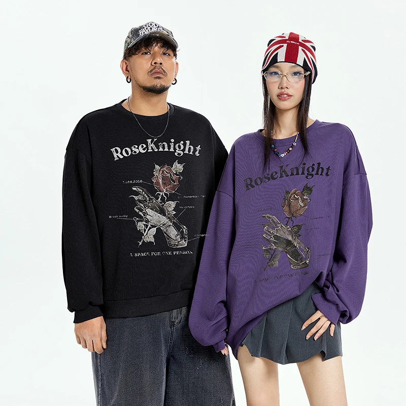 NMAX大码潮牌男装25春310G复合针织上衣玫瑰印花美式风卫衣FNA011