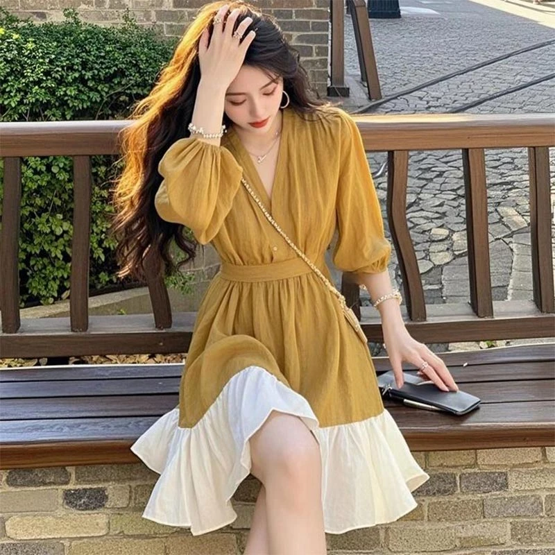 法式爆款黄色撞色拼接女装衬衫连衣裙2025春秋新款高级感百搭裙子