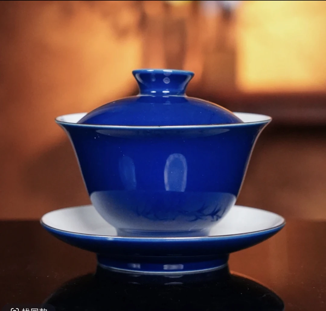 祭蓝竹影三才盖碗