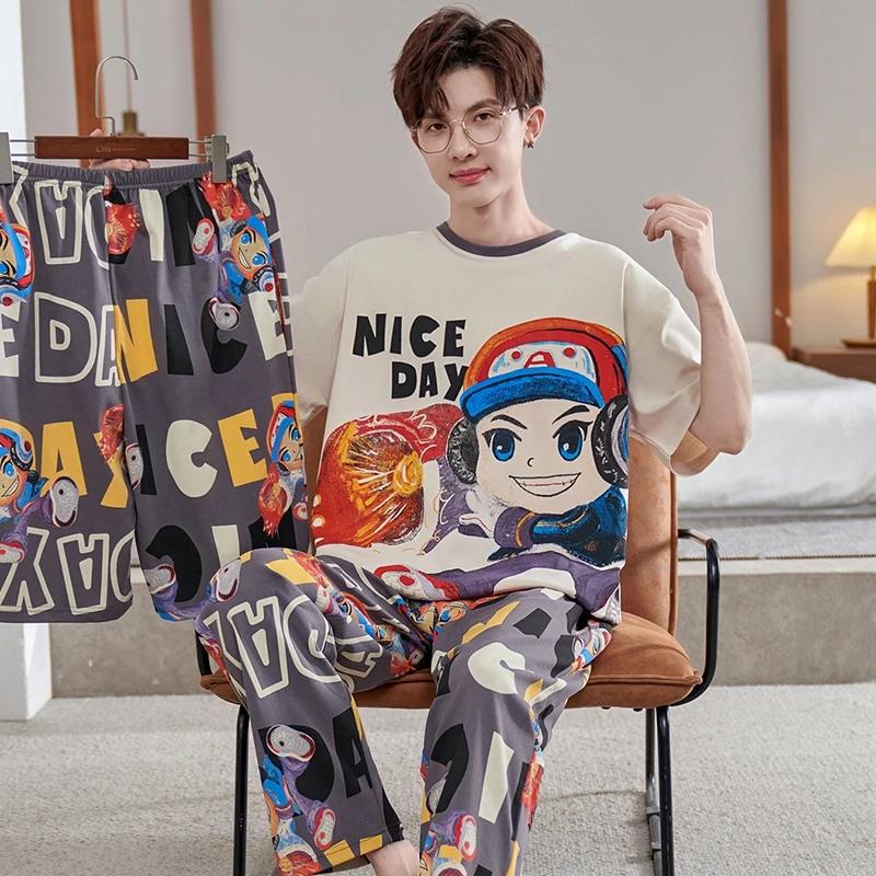 bejirog/北极绒圆领纯棉睡衣男士薄款卡通休闲大码三件套短袖长裤