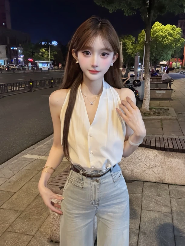 港风辣妹无袖衬衫女挂脖小心机背心上衣