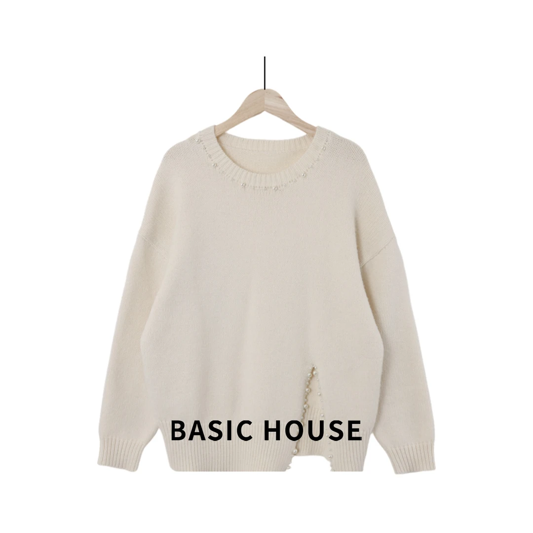 Basic House/百家好气质珍珠时尚轻奢针织套头毛衣B1385B5HS12