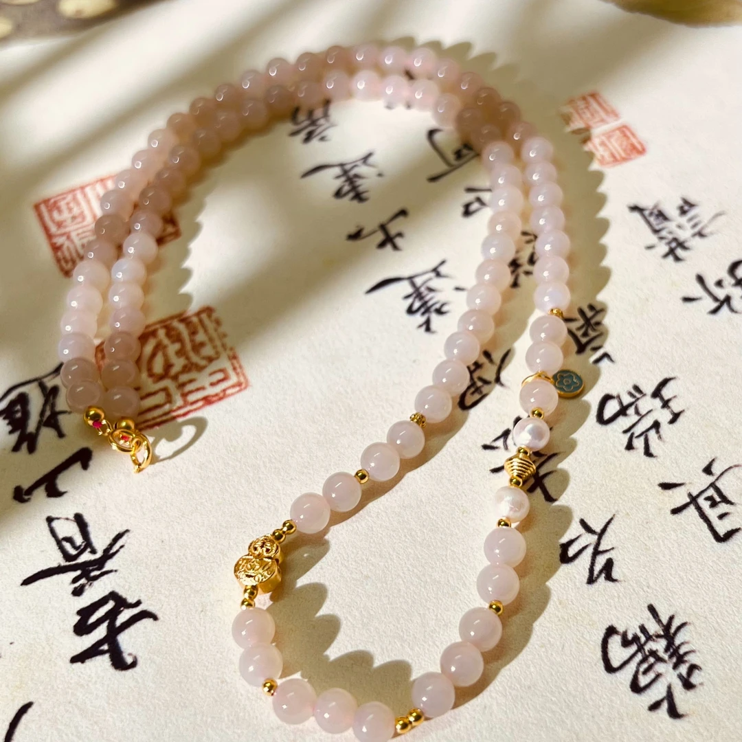 天然正宗和田玉藕粉老料设计款6mm时尚手工长珠链气质百搭手串项