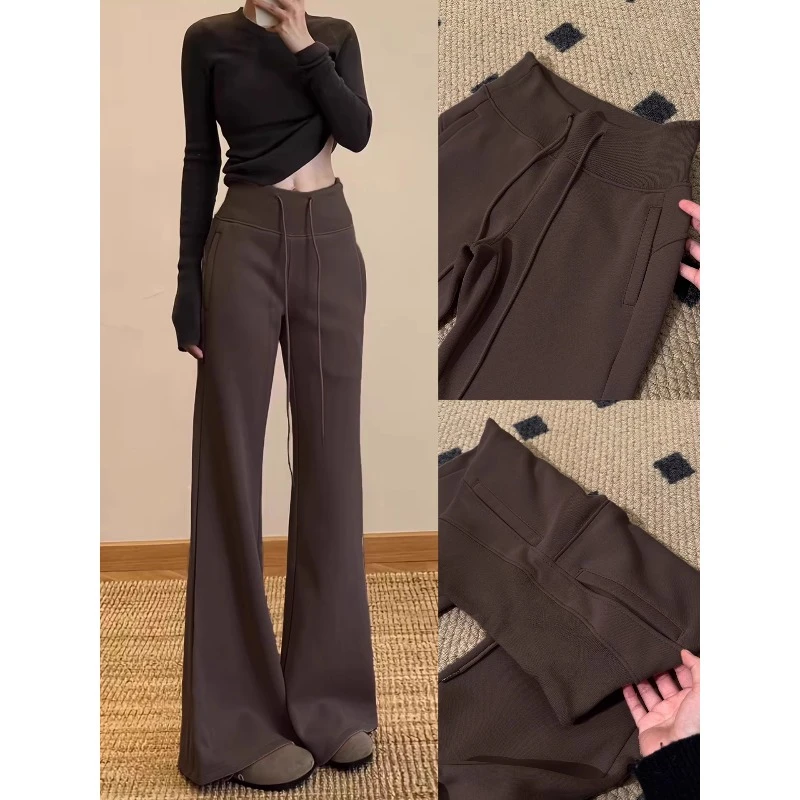 美拉德lulu微喇卫裤女秋2025新款加绒高腰垂感显瘦休闲马蹄喇叭裤