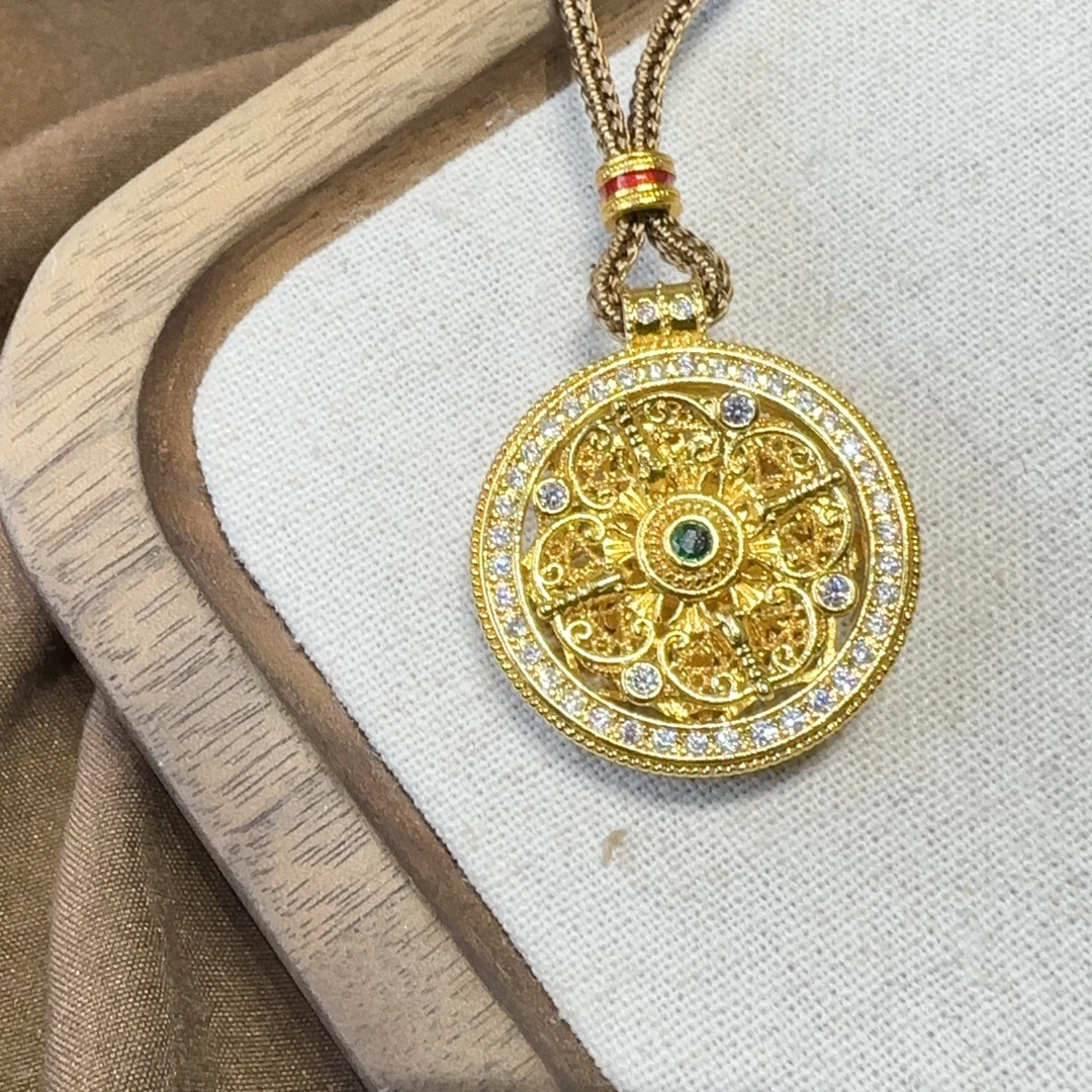 铜合金涤纶项链 C17635.铜合金中式绿罗盘项链复古古法传承