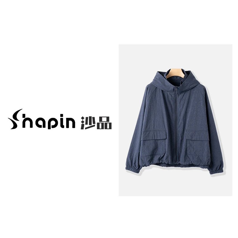 休闲时尚格纹连帽拉链外套大口袋宽松百搭夹克女XHR5708