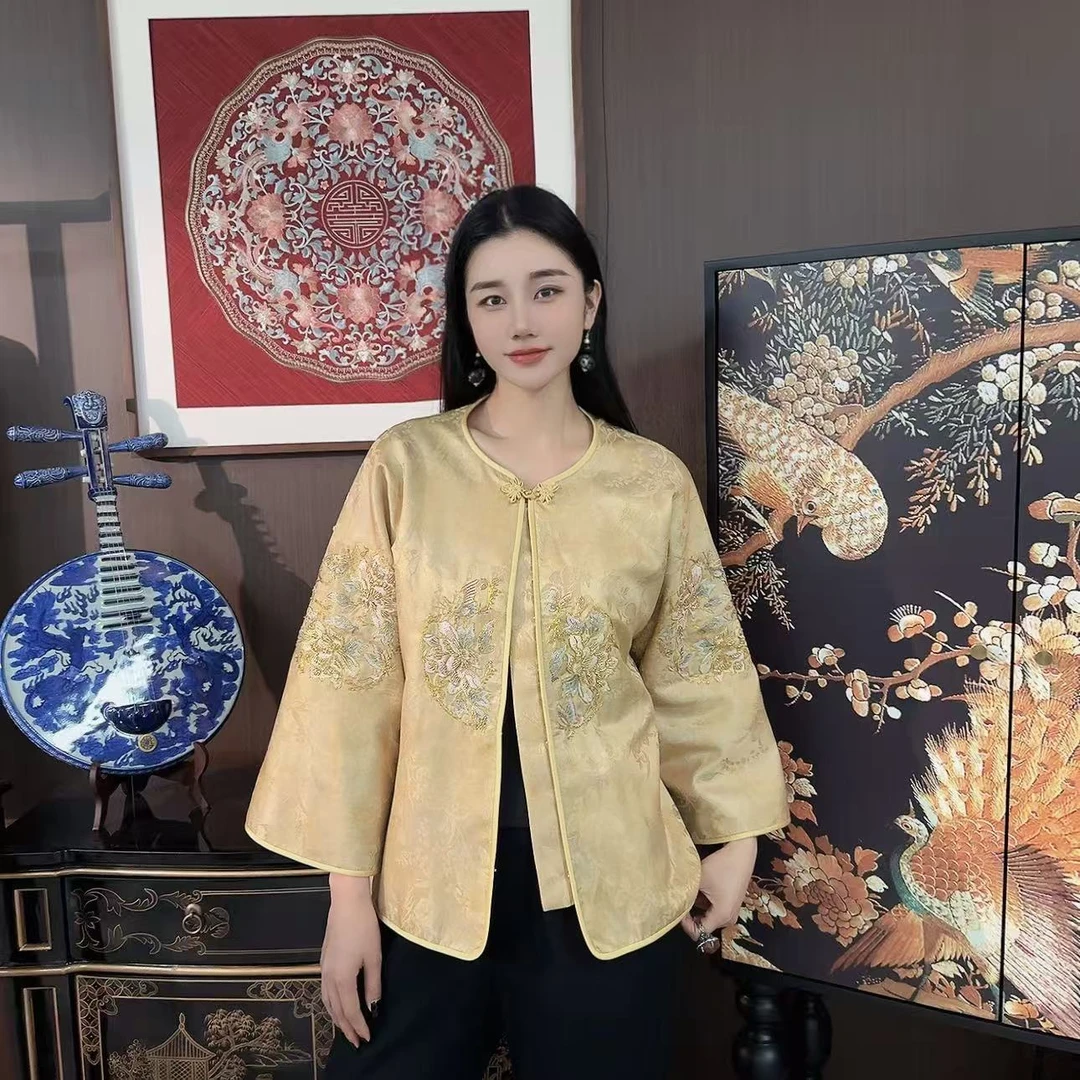 Betty Bairn【晚风吹叶】新中式桑蚕丝重工刺绣复古棉服外套Q7202